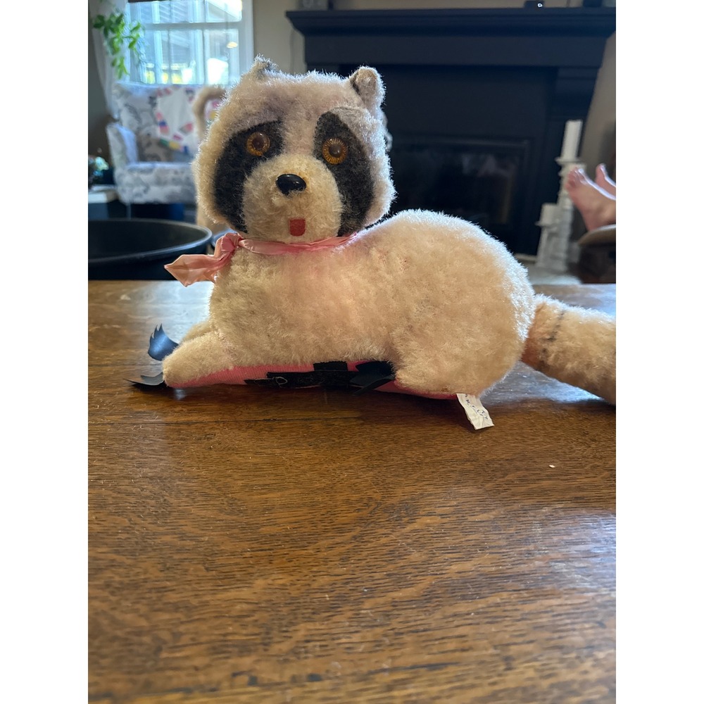 Vintage Plush Raccoon Stuffed Animal Pink Ribbon Mid Century Kitsch Toy 14 inch